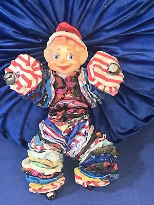 Vintage Yo Yo Fabric Pixie Elf Plastic Face Rag Doll 8” Bells Christmas Rare • £66.50