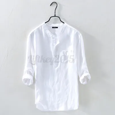 Men's 3/4Sleeve Cotton Linen Henley Blouse V-Neck Loose Casual Tops T Shirts Tee • $19.73