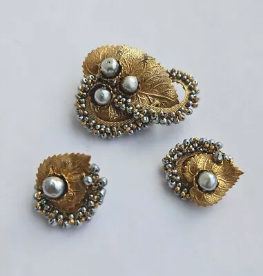 Vtg. Signed Miriam Haskell Leaves W/ Gray Faux Pearl Ribbons Brooch/ Earring Set • $70