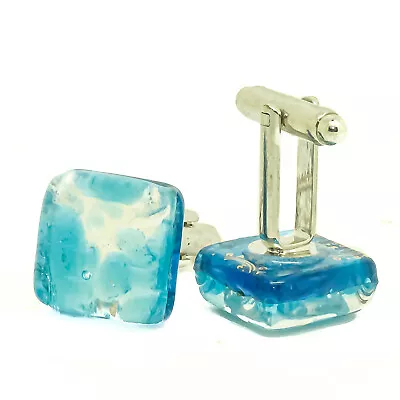 Murano Glass Cufflinks Silver Light Blue Millefiori Venice Square Wedding • £15.95