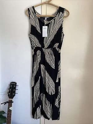 Zaful Black Dress Beige Leaf Print XL Fit 12 14 16 Elastic Waist Cotton Light • $10