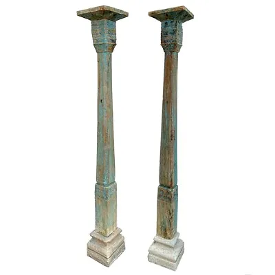 $895 • Buy Pair Antique Indian Blue Paint Teak Limestone Architectural Columns 19th Century