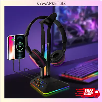 RGB Headphone Stand Gaming Headset Holder 2 USB Ports 7 Lighting Modes Desk AU • $44.95