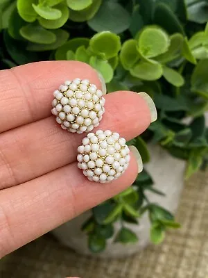 Milk Glass Crystal Earrings Pave Dome Pierced Studs Gold Tone Faceted Vintage • $12.97