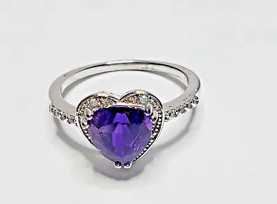 Deep Velvety Purple Moroccan Amethyst & Zircon Sterling Silver Heart Ring Size 8 • $45