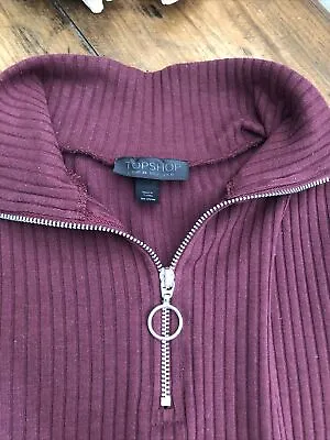 Topshop Burgundy Ribbed Long Sleeve Collared Zip Up Top Size 6 • £2.99