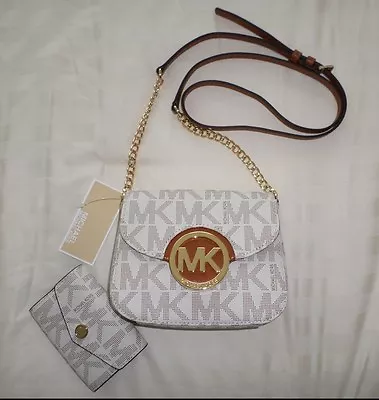 NWT Michael Kors FULTON Small Crossbody & Coin Purse Set MK Sig Logo PVC Vanilla • $199.95