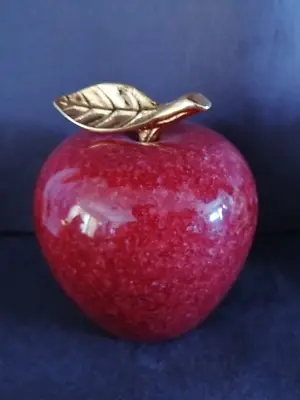 Vintage Marble Stone Alabaster Red Apple Paperweight Gold Tone Stem Leaf  3.5” • $18