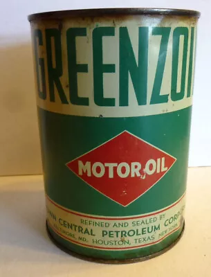 Vintage GREENZOIL SAE10 Motor Oil 1 Quart FULL Can Crown Petroleum Houston TX • $26
