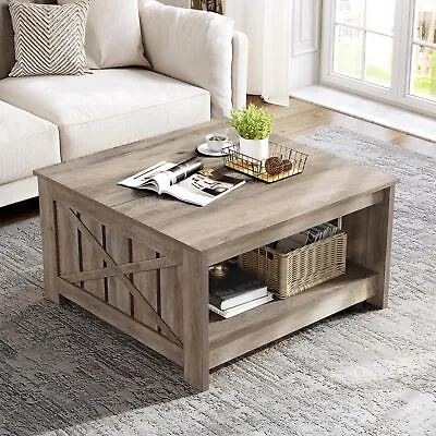 Farmhouse Square Coffee Table With Open Storage Compartment Wood Cocktail Table • $86.99