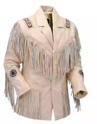 Men Native American Western Cowboy Real Leather Jacket Fringe & Beaded - Beige • $139.99