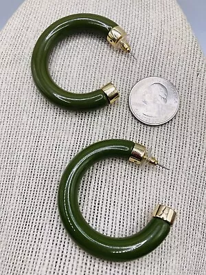 Vintage Chunky Olive Green With Gold Tone 1.87  Pierced Earrings • $8.90