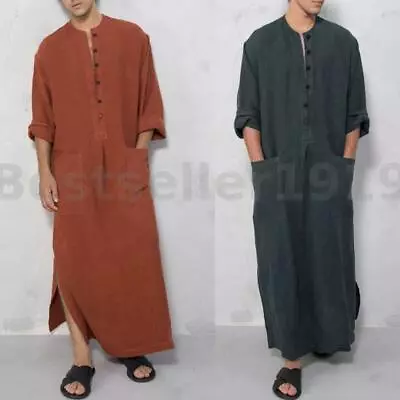 £19.95 • Buy INCERUN Mens Cotton Kaftan Saudi Arab Islamic Long Sleeve Thobe Shirt Tunic Robe