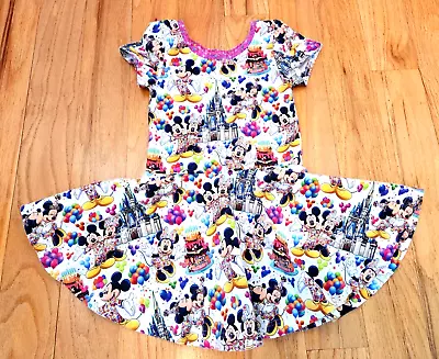 Handmade Custom Disney Mickey Minnie Happy Birthday Print Dress Stretch Knit 3T • $16.99