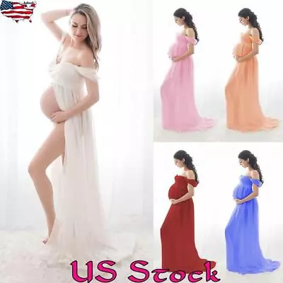 Pregnant Womens Maternity Split Dress Maxi Gown Off Shoulder Photography Photo • $25.39