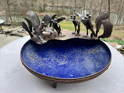 Wrought Iron & Metal 4 Frogs Playing Fiddles & Enjoying Music Fanciful Birdbath • $325