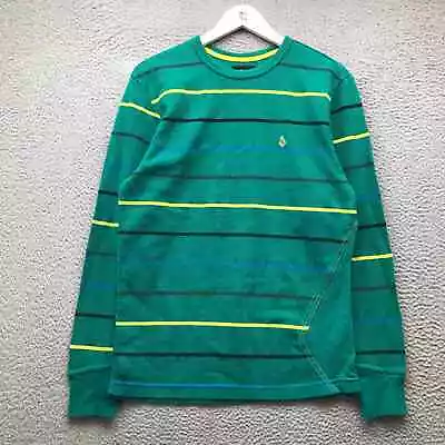 Volcom T-Shirt Men's Large Long Sleeve Embroidered Logo Striped Crew Neck Green • $14.99