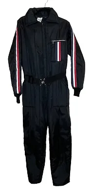 Vintage Ski Snow Snowmobile Suit Black Belt No Hood Sz M Red White Blue Stripe • $79.95