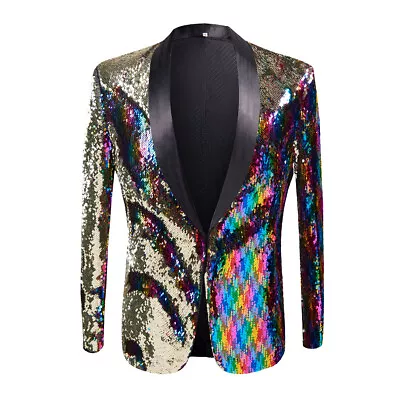 High Quality Men‘s Checkered Sequin Suit Jacket Stage Costume Groom Blazer • $69.60