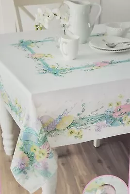 Fabric Spillproof Tablecloth 60  X 120  Oblong EASTER MEADOWFLOWERS & EGGS BM • $34.99