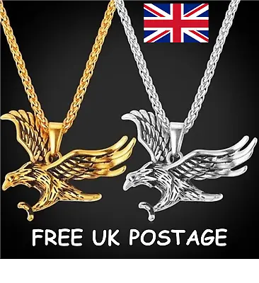 FLYING EAGLE PENDANT NECKLACE For Men Boys Unisex (Gold Tone Or Silver Tone) • £6.95