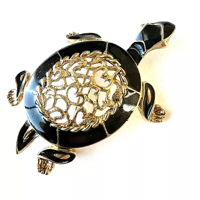 Unsigned 1928 Vintage Black Enamel Turtle Gold Tone Filigree Brooch Pin A840 • $0.99