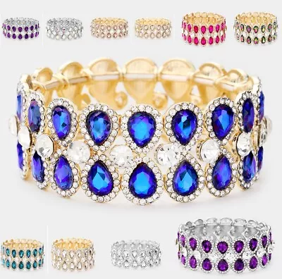 Teardrop Crystal Rhinestone Cocktail Stretch Bangle Bracelet Bridal Wedding Prom • $17.99