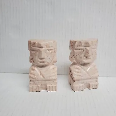 Vintage Pair Carved Heavy Pink Marble Aztec Mayan Tiki Stone Bookends 4”  • $18