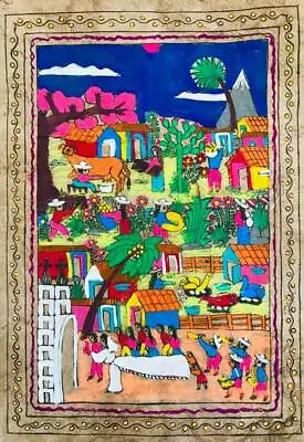 $20.99 • Buy 11 1/2 X 16  Mexican Folk Art Amate Bark Wedding Village Scenes Painting Aztec 