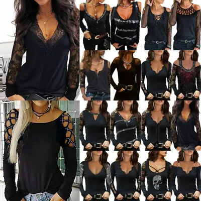 £11.99 • Buy Womens Sexy Lace Gothic Punk Tunic Tops Ladies Long Sleeve Loose T Shirt Blouse