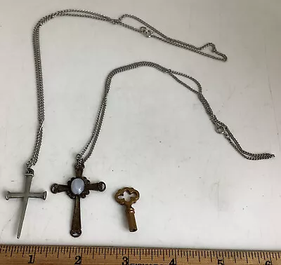 NAIL CROSS Crucifix Religious Necklace Pewter & Mother Of Pear Cross Necklace • $14.99