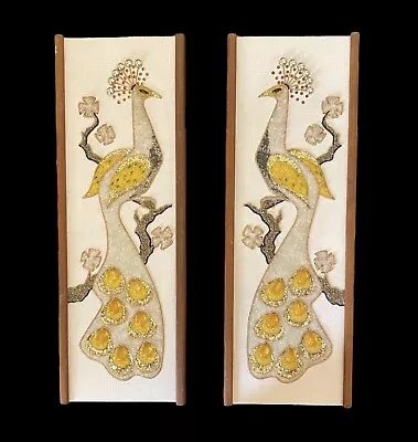 Vintage MCM Mosaic Pebble Gravel Wall Art GOLDEN PEACOCK BIRDS 24”X 8.5” (Set 2) • $200