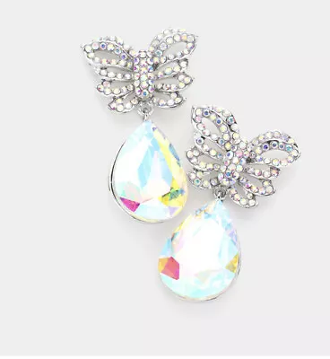 1.8” Long  Butterfly Silver Clear Aurora Borealis AB Crystal Pageant Earrings • $15