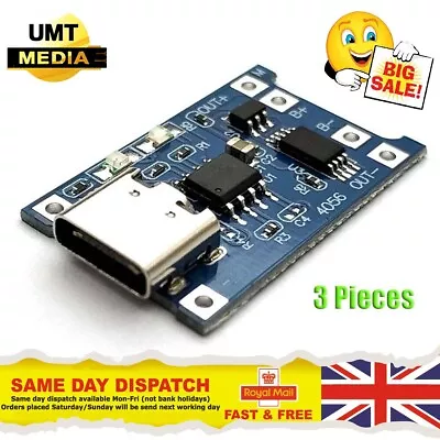 3 Pieces TP4056 5V USB-C Lithium Battery Board Charger Module Arduino PI • £2.60