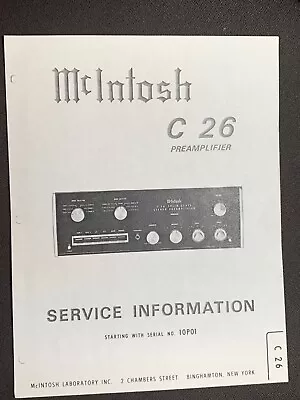 McIntosh C-26 C26 C 26 Service Manual Preamplifier Photocopy Serial # 10P01 • $9.99