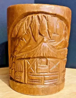 Beer Mug Wooden Hand Carved Palm Trees Thatch Hut 5” Tall Vintage Unique • $12