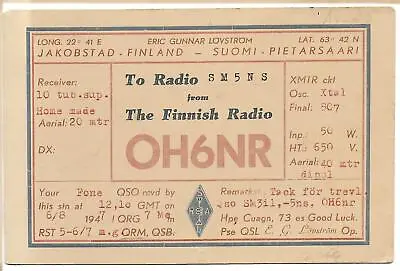 QSL Finnish Radio OH6NR Pietarsaari Finland Suomi Amateur 1947 Lovstrom DX SWL • $3