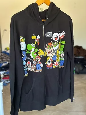 Super Mario Brothers Black Hooded Pockets Full Zip Sweater With Hood Size XL • $15.96