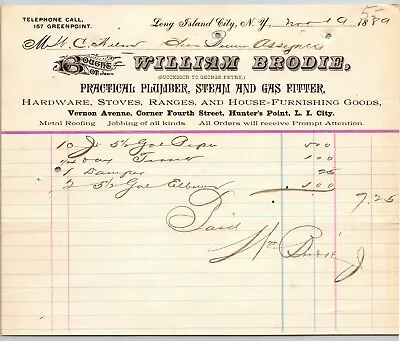 Long Island City NY Letterhead Billhead 1889 William Brodie Plumber Steam Fitter • $19.99