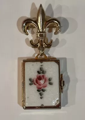 Vintage CORO Gold Guilloche Enamel Fleur De Lis Photo Locket Pin • $32