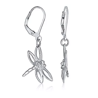 Garden Insect Drop Lever Back Dragonfly Earrings CZ Sterling Silver • $24.99