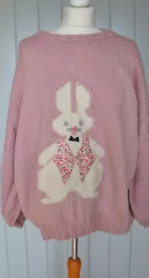 Hand Knit Oversize Pink Rabbit Jumper 100% Wool - Applique - Sz10-14 • £29.99