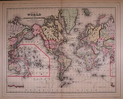 1887 Map Of The WORLD On MERCATOR'S PROJECTION - EARLY OCEAN ROUTES (15X24)#1806 • $20