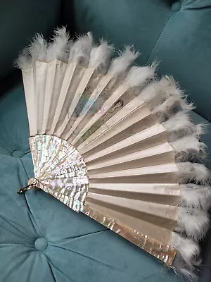 19thc Hand Painted Silk Mother Of Pearl & Feather Ladies Fan W Box • $325