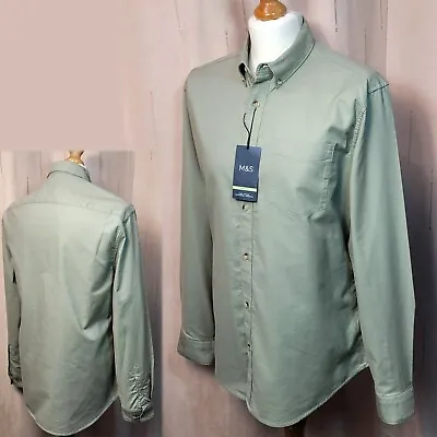 M&S Pure COTTON OXFORD Long Sleeve SLIM Fit SHIRT ~ Size L ~ SAGE Green • £14.99