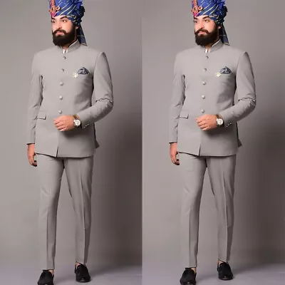 Indian Gray Men's Suit Stand Collar Formal Business Wedding Groom 2Pcs Slim Fit • $93.85