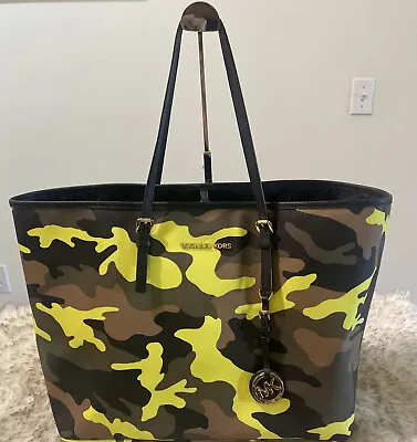 Michael Kors Jet Set Acid Yellow Camo Camouflage XL Tote Handbag Purse • $199.99