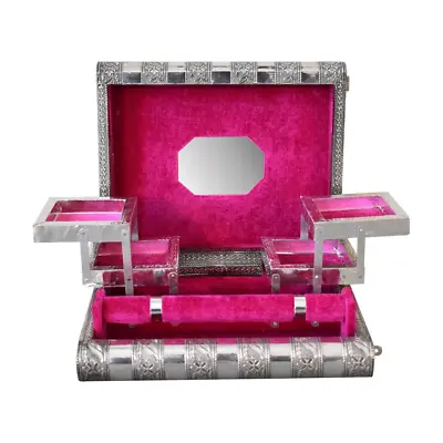 £19.99 • Buy Indian Silver Embossed Jewellery Box/Storage With Fushsia Pink Interior Velvet