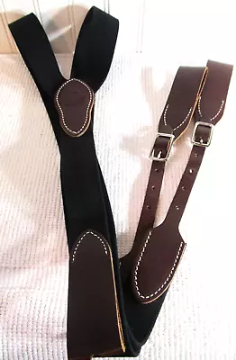 Men 2X Black Elastic Suspenders Brown Leather Belt Loop Handmade USA • $28.99