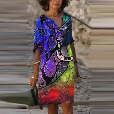 £11.78 • Buy Womens Boho Floral V Neck Midi Dress Ladies Casual Loose Holiday Kaftan Dresses